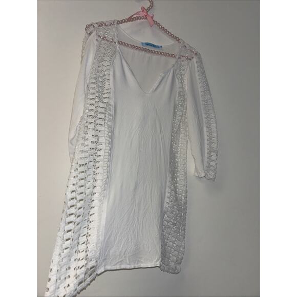 Solitaire Swim Eyelet Cover up White Boho V Neck Sz Small Swim Suit Dress Beachy - Picture 2 of 5